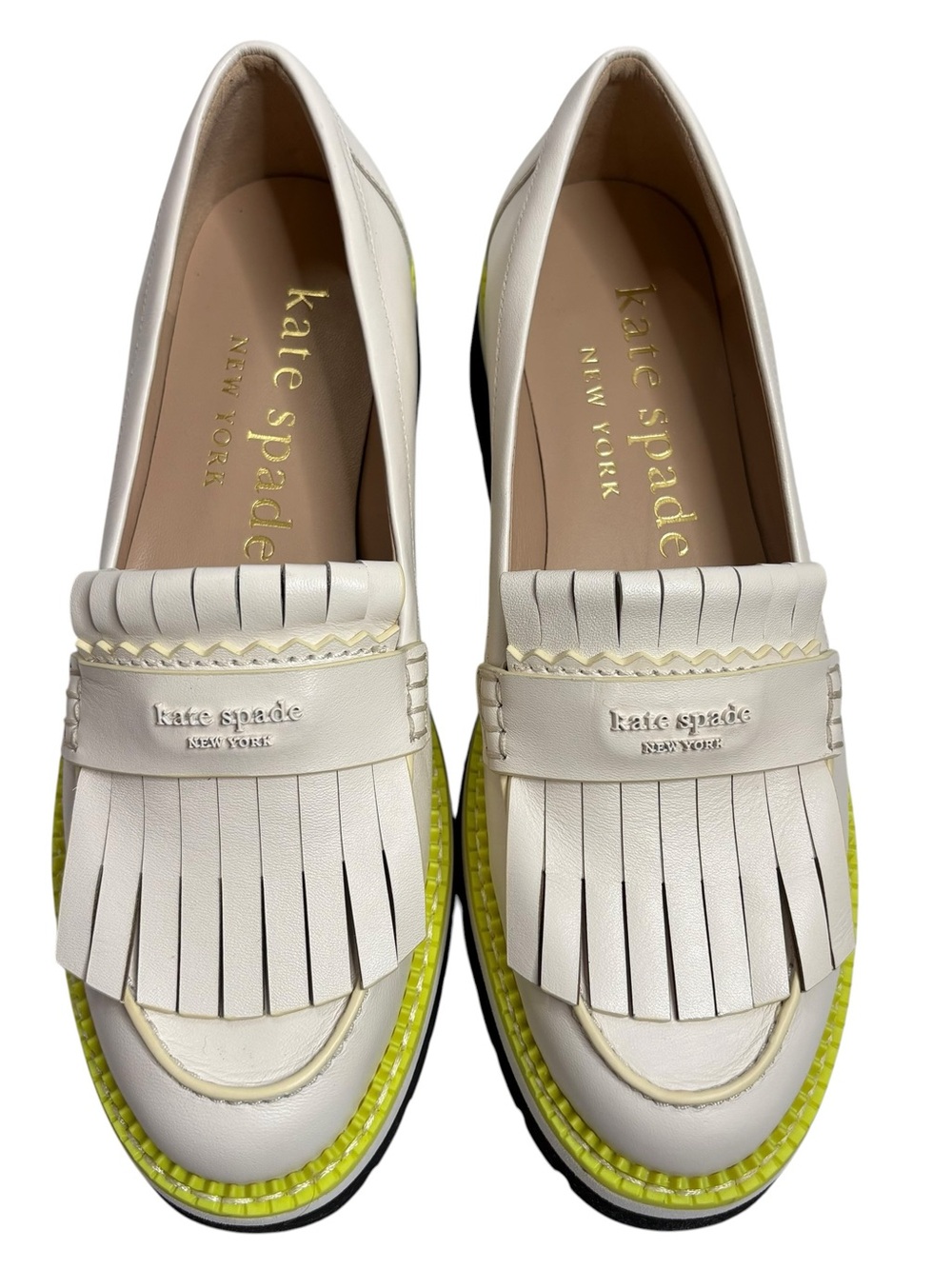 kate spade Caddy Cream Leather Kiltie Fringe Loafers with Yellow Trim NWT $238 - Picture 4 of 9